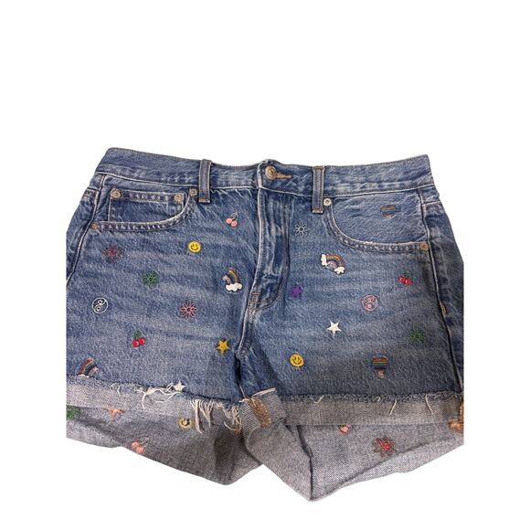 American Eagle 90s Boyfriend Shorts Sz 4 Denim Cutoff Multi Embroidered Icons - Picture 1 of 9